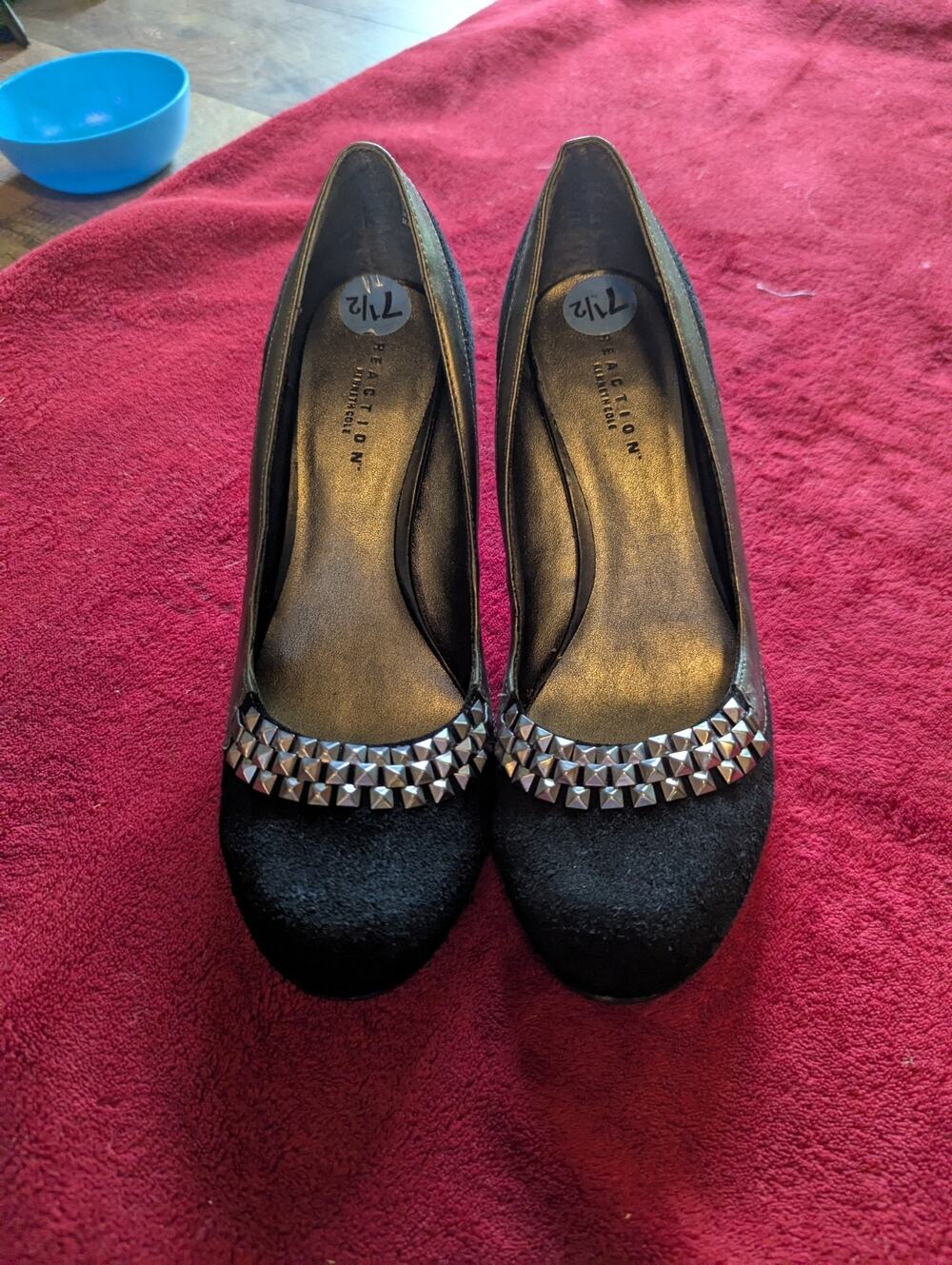 Kenneth Cole, Black leather, silver studded, 3" high heels, size 7.5 , used